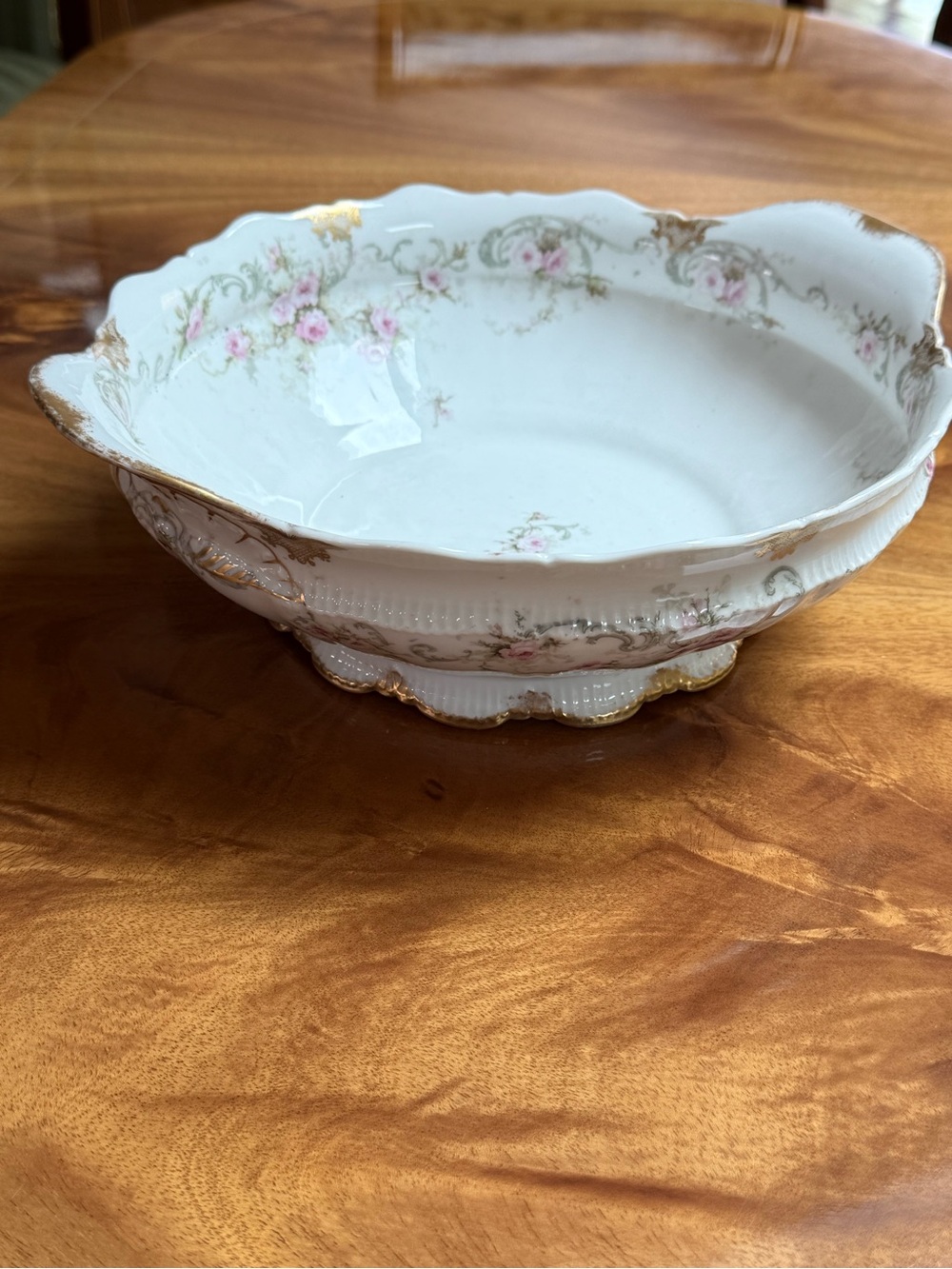 Limoges 1899 ! Vintage White Porcelain Serving Bowl with Pink Floral & Gold Trim